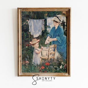 Vintage Laundry Painting, Spring Laundry Room Art Print, Rustic Washerwomen with Child, Farmhouse Décor, PRINTABLE Wall Art Digital Download