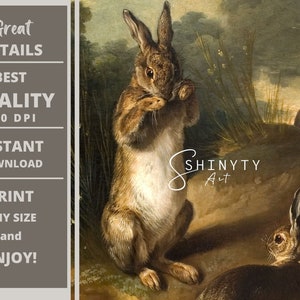 May include: A painting of two brown rabbits in a grassy field. The rabbit in the foreground is sitting up and looking to the right. The rabbit in the background is standing and looking to the left. The painting is in a realistic style and has a warm color palette.