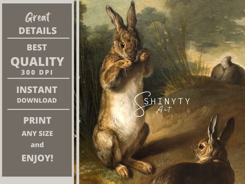 May include: A painting of two brown rabbits in a grassy field. The rabbit in the foreground is sitting up and looking to the right. The rabbit in the background is standing and looking to the left. The painting is in a realistic style and has a warm color palette.