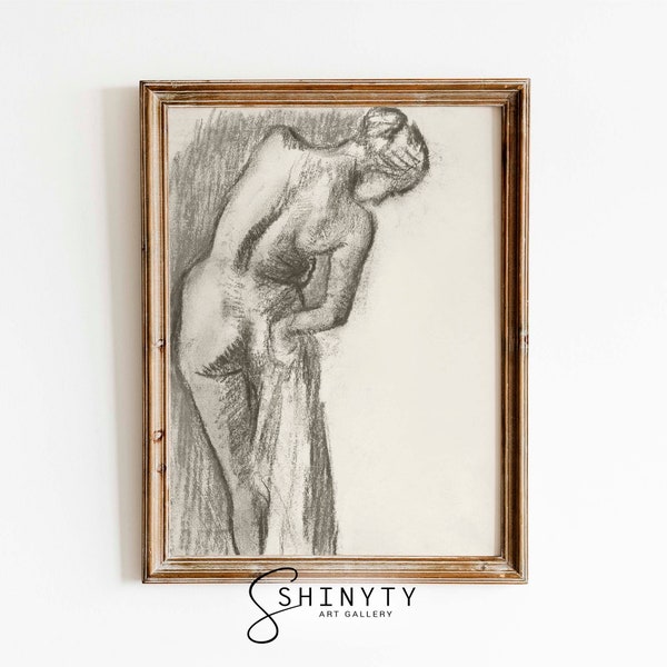 Antique Woman Sketch Art Print | Vintage Nude Drawing | Neutral Bathroom Wall Decor| Female Portrait Study | Vintage Sketch Wall Art Print