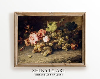 Vintage Grapes and Flowers Painting | Kitchen Still Life Print | Antique Farmhouse Décor | Dark Floral Wall Art | PRINTABLE Digital Download