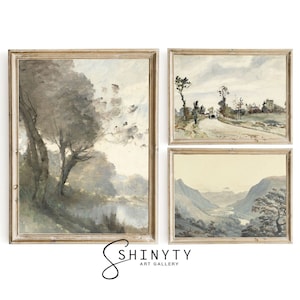 Neutral Vintage Gallery Wall SET | Soft & Moody Art Print Set of 3 Antique Landscape Paintings | Country Farmhouse Wall Decor | PRINTABLE