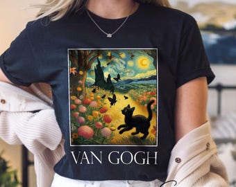 Van Gogh Cat T-Shirt, Blooming Dahlias Garden & Starry Night Art Shirt, Cute Black Cat Tee, Artistic Cat Lover Gift,  Art T-Shirt