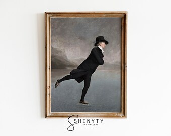 Vintage Portrait Painting, Winter Wall Art Print of Skating Gentleman, Moody European Painting, Victorian Wall Decor, PRINTABLE Digital