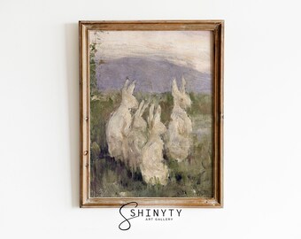 Spring Bunnies Painting, Vintage Rabbits in a Meadow Print, Easter Wall Décor, Printable Animal Art, Nursery Farmhouse Décor, Digital