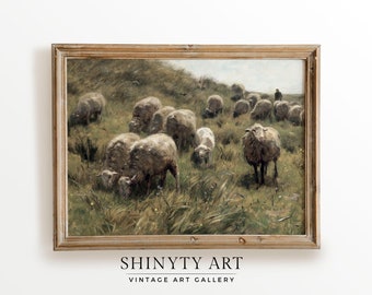 Vintage Sheep Painting, Country Landscape Print, Countryside Antique Animal Art, Rustic Farmhouse Décor, PRINTABLE Wall Art, Digital Art