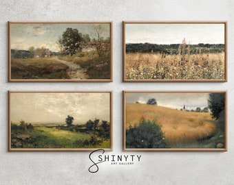 Cuadros de TV con marco vintage / Pinturas de paisajes campestres, escenas de prados veraniegos, decoración rústica de granja (descarga digital)
