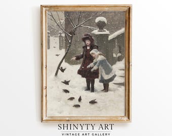 Vintage Winter Painting - Girls Feeding Birds in Snow Nursery Wall Art Print, Girls Room Wall Decor, PRINTABLE | Digital Download