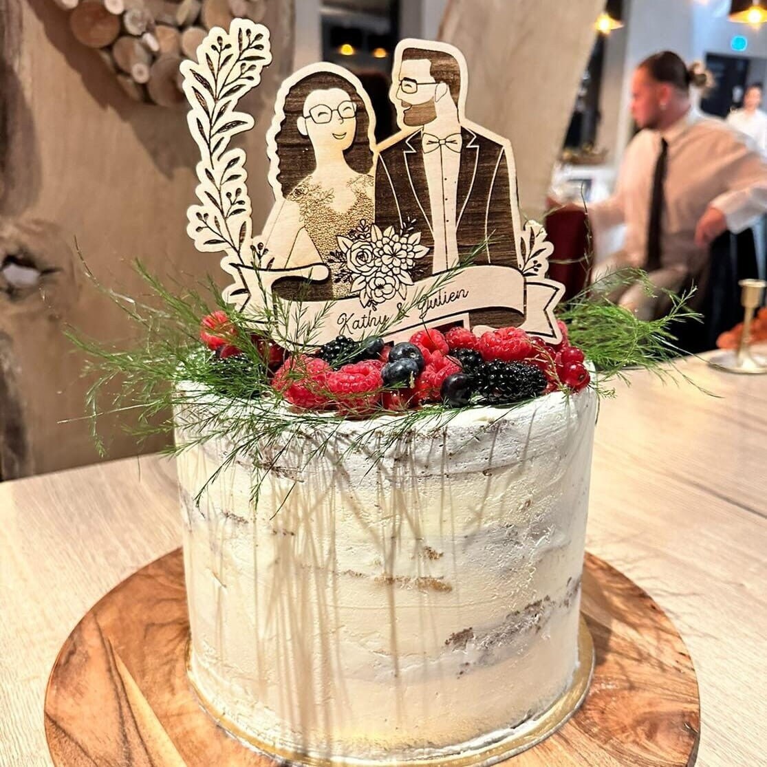 Cake Topper Personnalisé Mariage Automne - En Bois, Avec Feuilles Et Initiales - Tailles S/M/L - Décoration Gâteau