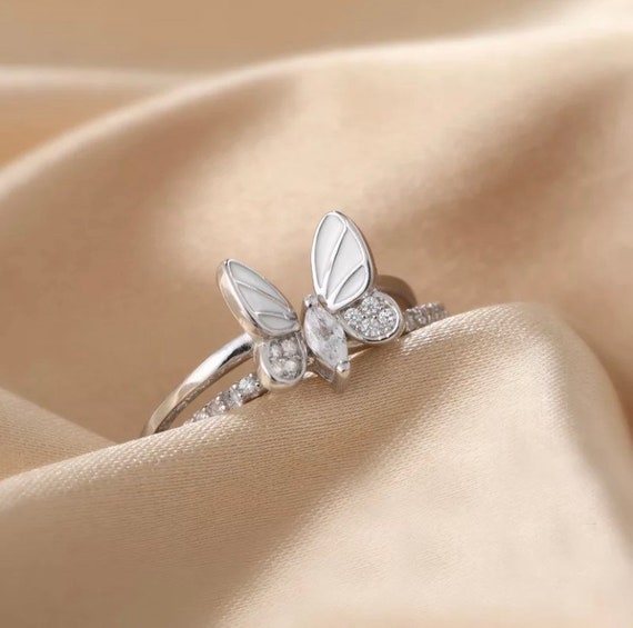 Silver Butterfly Diamante Ring Set