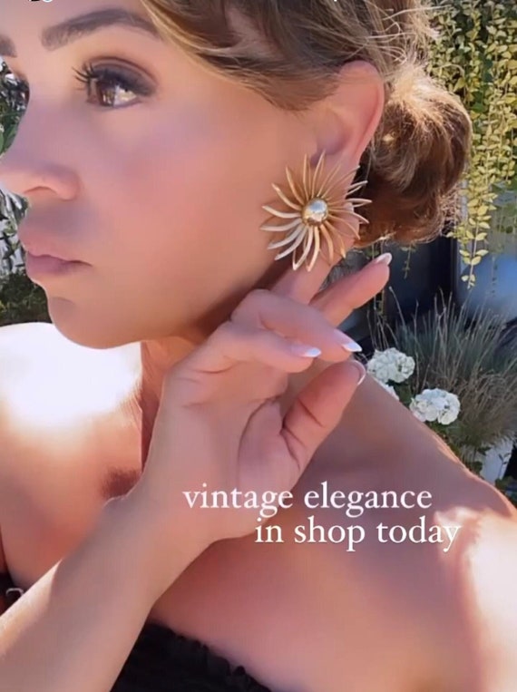 Statement Flower Earrings, Gold Tone Metal Flower… - image 1