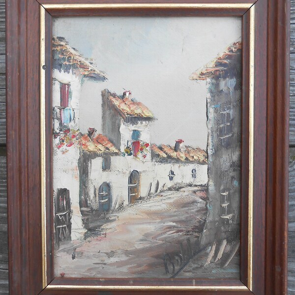 Small Vintage Oil Painting of a Rural Spanish Village by Bilda - Landscape Painting