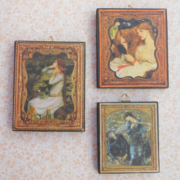 Three Small Pictures of Pre Raphaelite Ladies Decoupaged onto Wood - Gallery Wall Set - Pre-Raphaelite Print