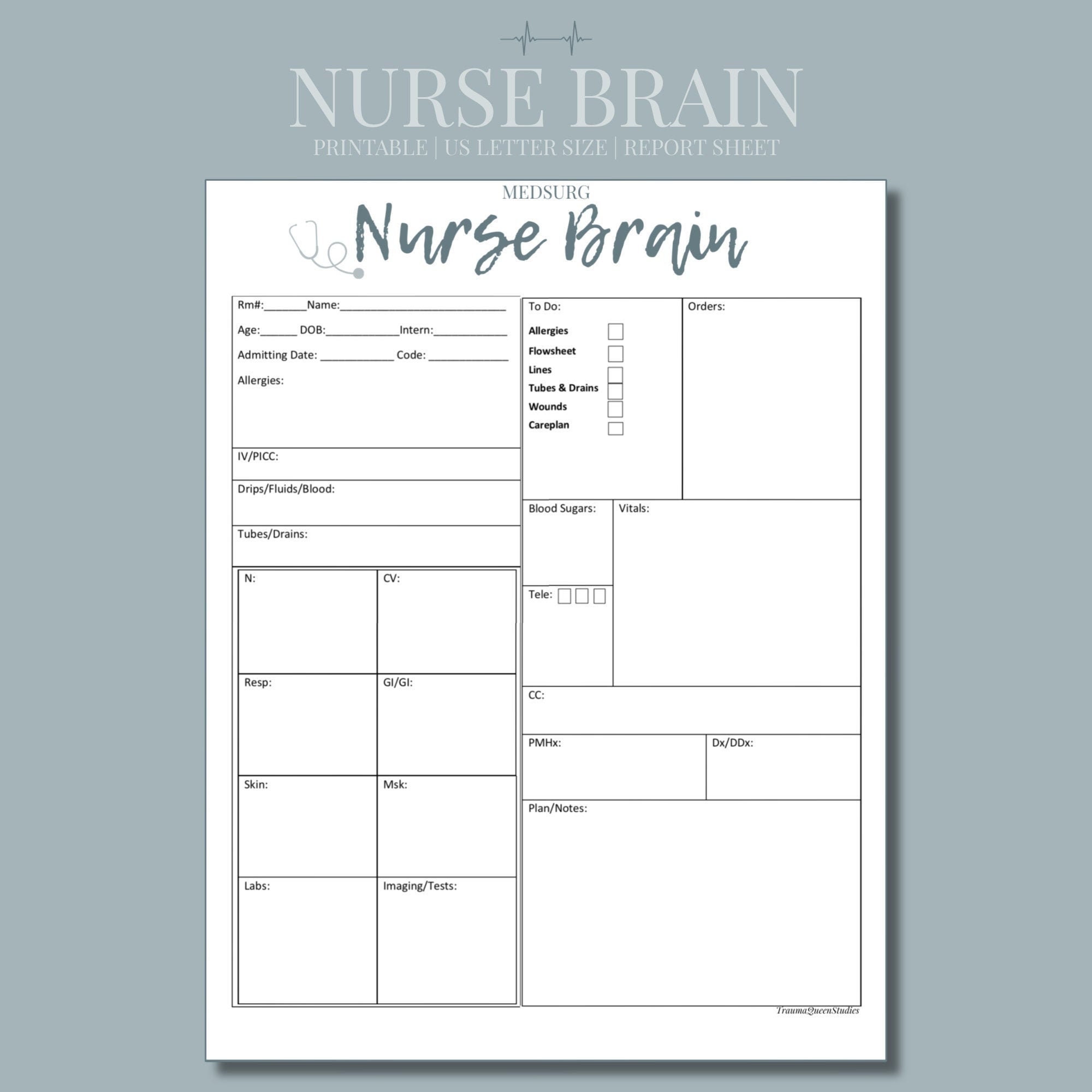 MedSurg Nurse Brain Sheet  Etsy Intended For Med Surg Report Sheet Templates