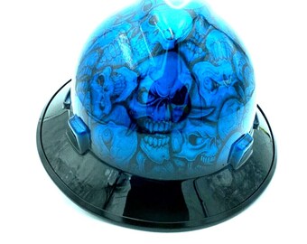 Made in the USA MSA Wide Brim Hard Hat Hydro Dipped MH Candy blue Insanity Skull