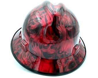 Made in the USA MSA wide brim hard hat hydro dipped in candy red 3 evil skulls