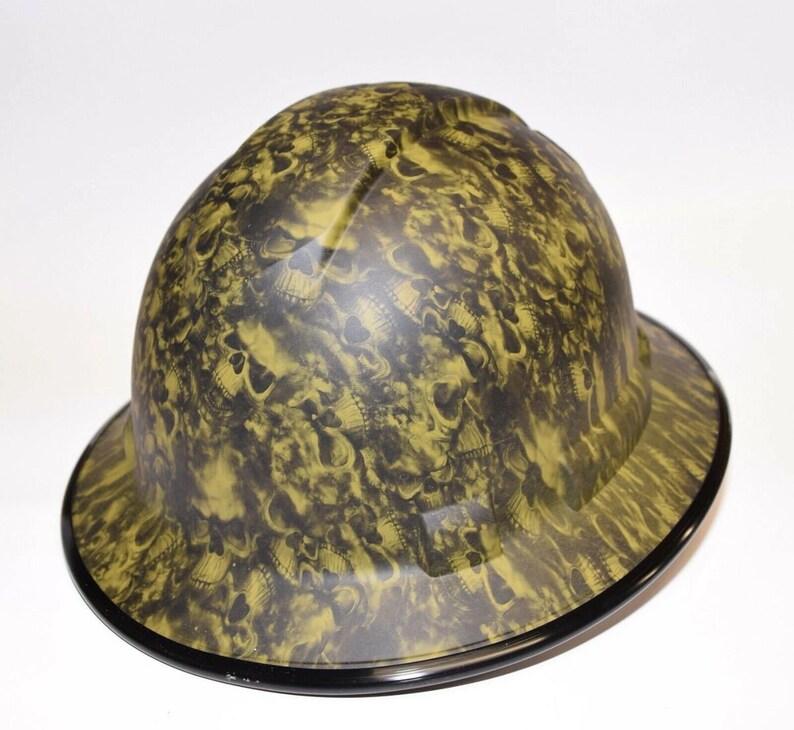 Custom Wide Brim Hard Hat Hydro Dipped in OD Green Reaper Skulls Flat Finish BG