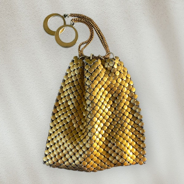 VINTAGE 1930's Petite GOLD Mesh Drawstring PURSE, Chain & Ring Pouch - Chatelaine Bag