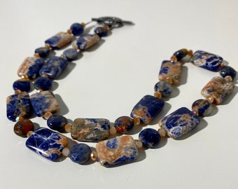 Handmade Blue Sodalite Stone & Glass Beaded Necklace One of a Kind Local Artist