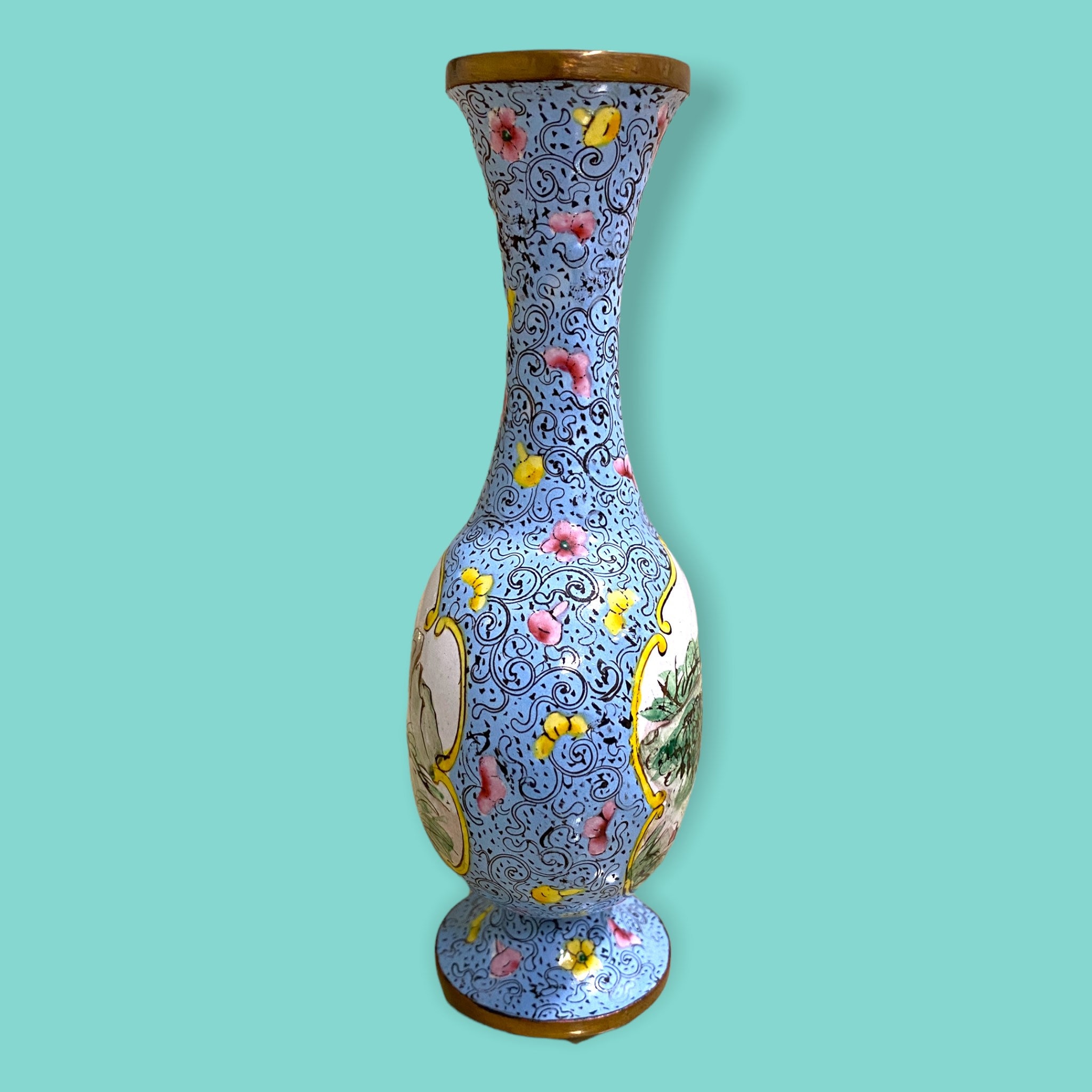 VINTAGE CHINESE Enamel on Copper VASE W/ Painted Panels Unique