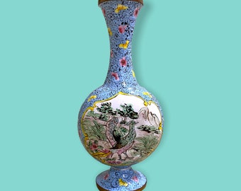 VINTAGE CHINESE Enamel on Copper VASE w/ Painted Panels- Unique Collectible Art