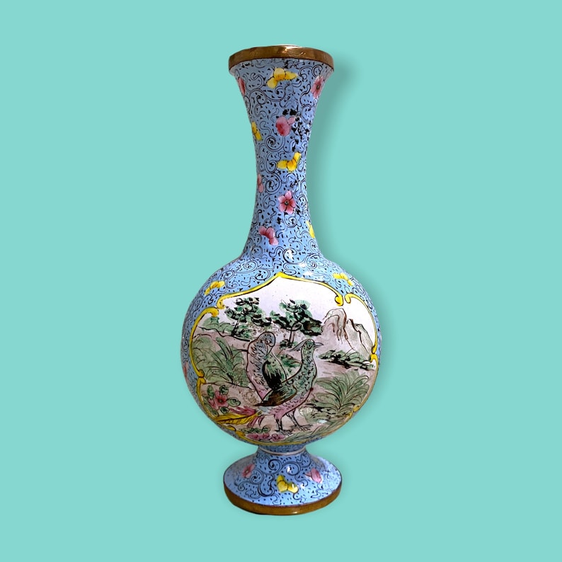 VINTAGE CHINESE Enamel on Copper VASE W/ Painted Panels Unique