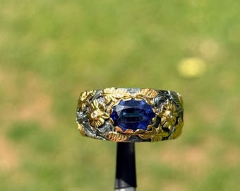 Handmade 18k Gold & 925 Silver Natural Kyanite Ring, Diamond Accents, Artisan Hand-Carved Two-Tone Floral Leaf Branch Band | 66C
