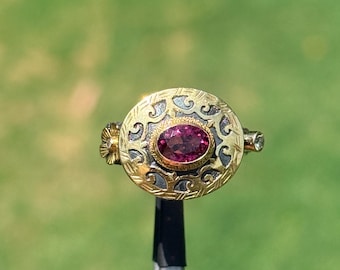 Handmade 18k Gold & 925 Silver Pink Tourmaline Ring, Natural Tourmaline and Diamond Floral Statement Band, Artisan Ring, Size 6.75 | 24N