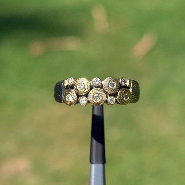 Handmade 18k Gold & 925 Silver 10 Diamond Band, Textured Mixed Metal Geometric Ring, Artisan Multi Diamond Statement, Size 6.75, 7.5 | 99C