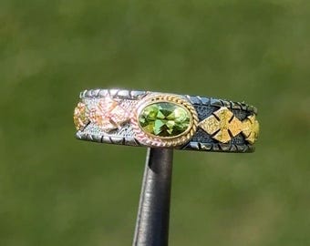 Handmade 18k Gold & 925 Silver Natural Green Tourmaline Ring, Artisan Hand-Carved Two-Tone Floral Botanical Statement Band | 92C