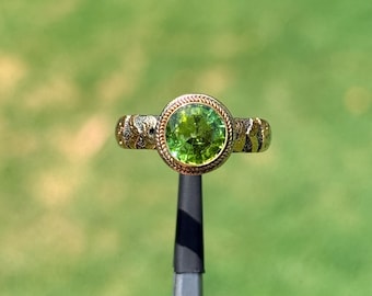 Handmade 18k Gold & 925 Silver Green Tourmaline Ring, Natural Tourmaline and Diamond Artisan Band, Two Tone Statement Ring, Size 7.5 | 108C