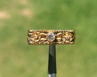 Handmade 18k Gold & 925 Silver Triple Diamond Band, Natural 3 Diamond Statement Ring, Textured Two Tone Artisan Band, Size 6.75 | 97C
