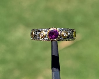 Handmade 18k Gold & 925 Silver Rhodolite Garnet Ring, Natural Garnet and Diamond Statement Band, Two Tone Artisan Ring, Size 6.75 | 20N
