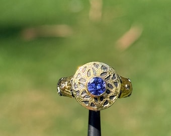 Handmade 18k Gold & 925 Silver Tanzanite Ring, Natural Tanzanite and 2 Diamond Statement Band, Mixed Metal Artisan Ring, Size 6.75 | 19N