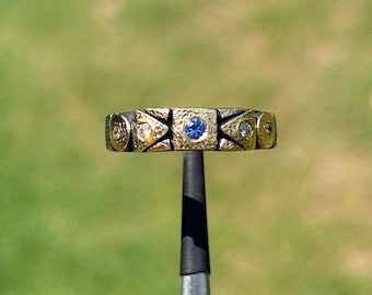 Handmade 18k Gold & 925 Silver Blue Sapphire Ring, Natural Sapphire and 4 Diamond Statement Band, Mixed Metal Artisan Ring, Size 7.5 | 101C