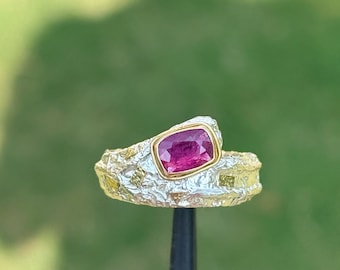 Handmade Ruby Ring 18k Gold 925 Silver Textured Band -  Mixed Metal Solitaire Ring -  Hallmarked Artisan Jewelry US Size 7.5 | 217A