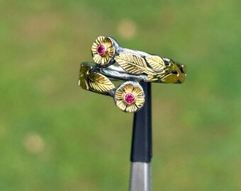 Handmade 18k Gold & 925 Silver Two Stone Ruby Ring, Artisan Hand-Carved Dual Floral Statement Band, Mixed Metal Ruby Jewelry | 88C