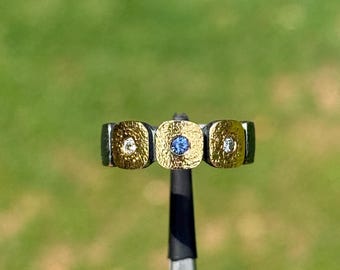 Handmade 18k Gold & 925 Silver Blue Sapphire Ring, Natural Diamond Accents, Hammered Texture Two-Tone Mixed Metal Artisan Band | 63C