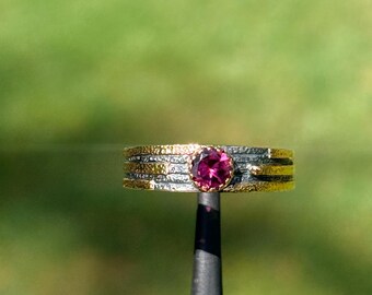 Handmade 18k Gold & 925 Silver Pink Tourmaline Ring, Artisan Textured Stacking Band, Mixed Metal Raw Luxe Jewelry, Size 7 | 96C