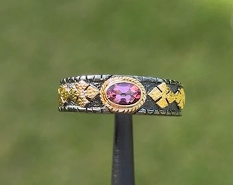 Handmade 18k Gold & 925 Silver Natural Pink Tourmaline Ring, Artisan Hand-Carved Two-Tone Floral Botanical Statement Ring | 92C