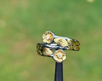 Handmade 18k Gold & 925 Silver Two Stone Diamond Ring, Artisan Hand-Carved Dual Floral Statement Band, Mixed Metal Unique Jewelry | 87C