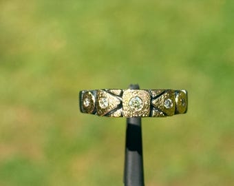 Handmade 18k Gold & 925 Silver 5 Diamond Band, Geometric Mixed Metal Diamond Ring, Textured Artisan Wedding Band, Size 7 | 93C