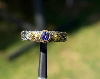 Tanzanite Botanical Band, Mixed Metal Leaf Ring, Size 6.5, 7 | 12N