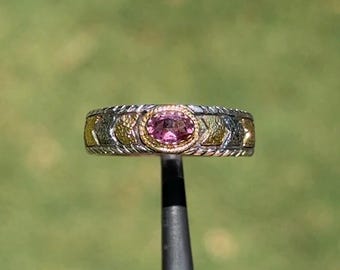 Handmade 18k Gold & 925 Silver Natural Pink Tourmaline Ring, Artisan Hand-Carved Two-Tone Floral Botanical Statement Ring | 10N