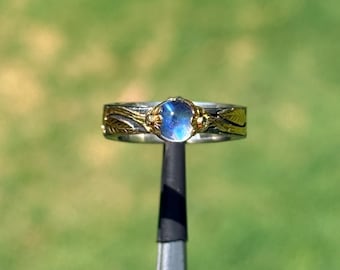 Handmade 18k Gold & 925 Silver Moonstone Ring, Natural Moonstone and Diamond Leaf Statement Band, Two Tone Artisan Ring, Size 7-7.5 | 109C