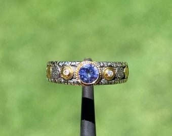 Handmade 18k Gold & 925 Silver Tanzanite Ring, Natural Tanzanite and Diamond Statement Band, Two Tone Artisan Scroll Ring, Size 6.25 | 21N