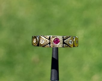 Handmade 18k Gold & 925 Silver Ruby Ring, Natural Red Ruby and 4 Diamond Statement Band, Mixed Metal Artisan Ring, Size 6.75 | 100C