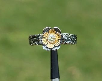 Handmade 18k Gold & 925 Silver Natural Diamond Ring, Artisan Hand-Carved Two-Tone Floral Botanical Band, Unique Statement Jewelry | 91C