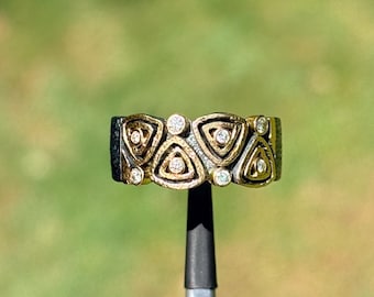 Handmade 18k Gold & 925 Silver 8 Diamond Band, Textured Mixed Metal Geometric Ring, Artisan Multi Diamond Statement Band, Size 7.5 | 89C