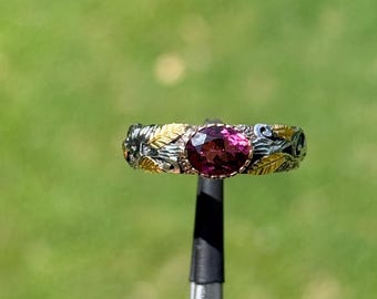 Handmade 18k Gold & 925 Silver Natural Pink Tourmaline Ring, Artisan Hand-Carved Two-Tone Floral Leaf Botanical Statement Band | 7N
